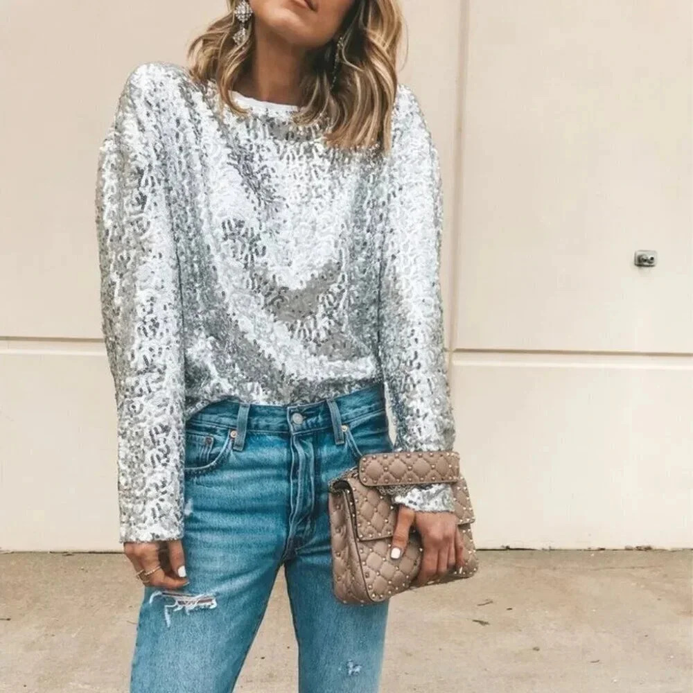 Something Navy Womens Small  Long Sleeve Crew Neck Sequin Top Silver Tone